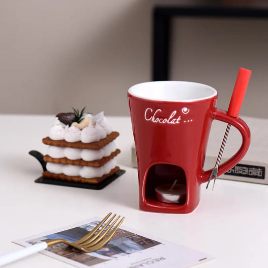 Keramik Fondue-Tasse – Für Käse & Schokolade, 130 ml, mit Gabel